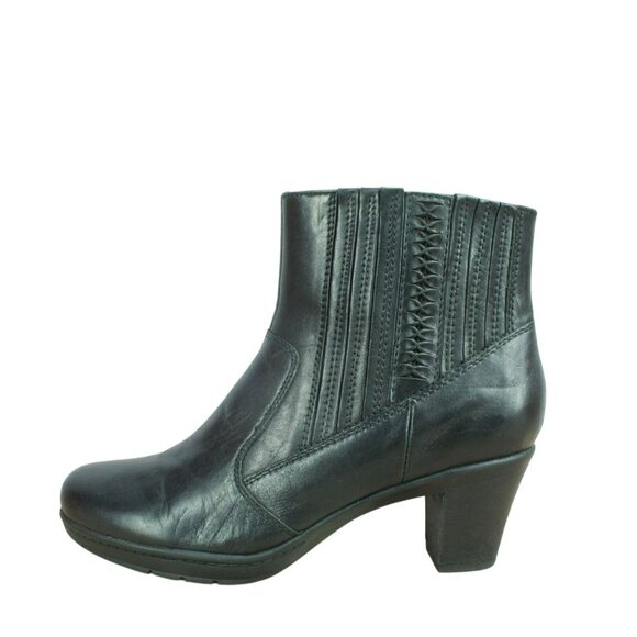 Clarks Black Leather Casual Ankle Boots Size 8.5 M Side Zip Elastic Panel - Picture 1 of 9